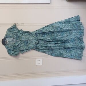 Peruvian Connection Pima Cotton Teal Print Cap Sleeve Drop Waist Midi Dress W-12